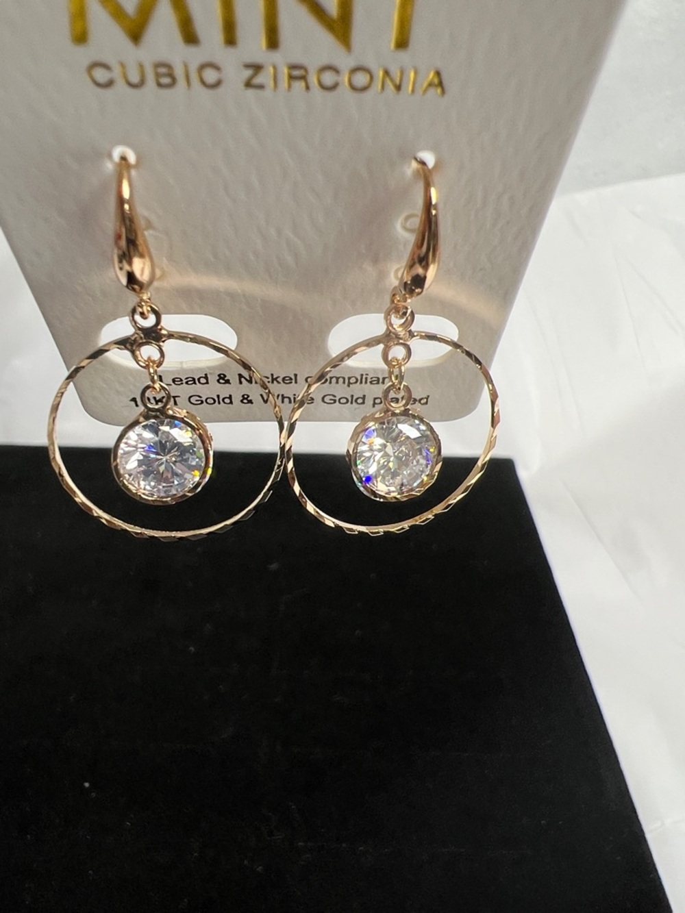 Mint Gold Hoop Earrings with Clear Crystal Drops - Picture 6 of 7